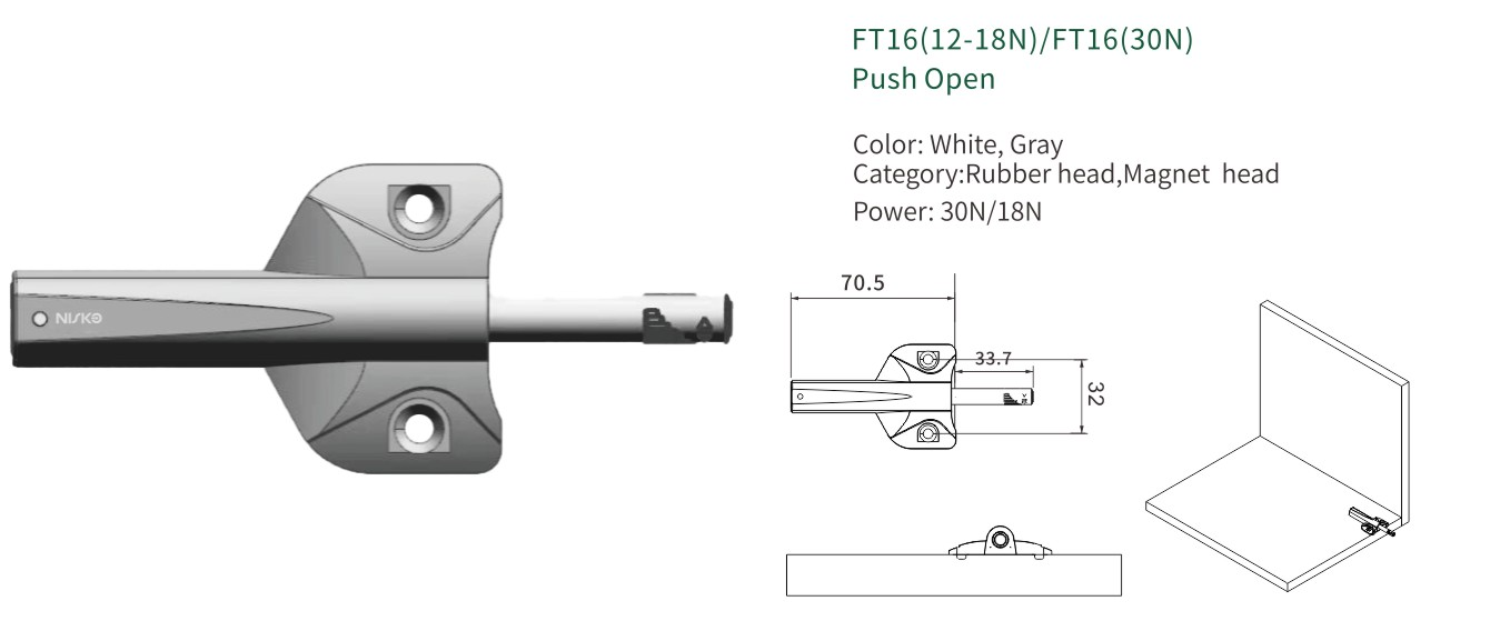 NISKO Tip On Push to Open Screw Mount Self-Closing Hinge details