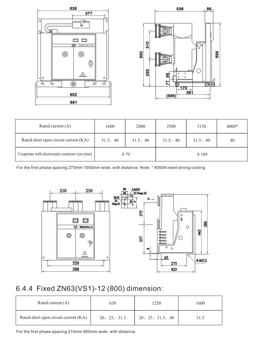 Vacuum Circuit Breaker 12kV 630A-1250A-1600A for Medium Voltage Switchgear handcart type details