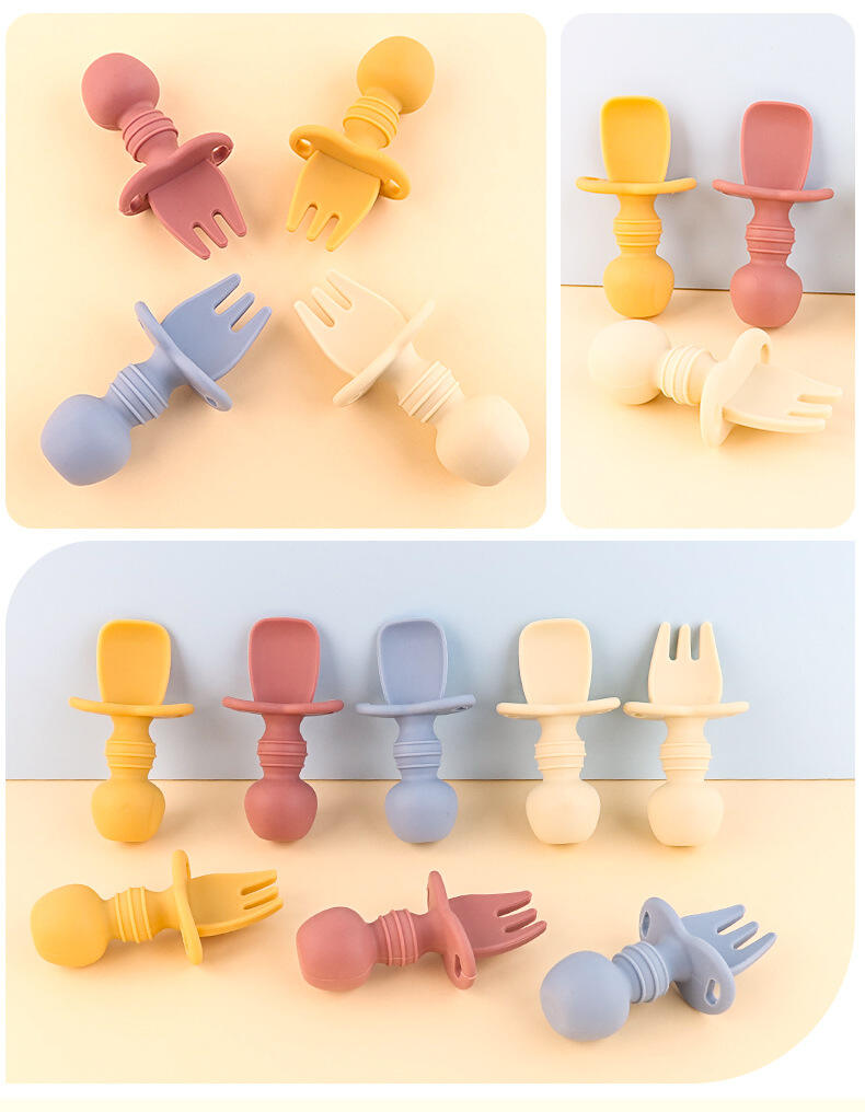 HOT Food grade infant soft reusable spoon fork training set silicone baby spoon factory