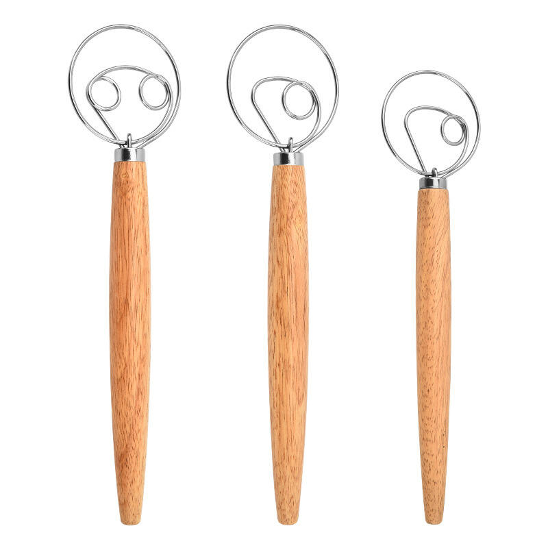 HOT Wooden handle stainless steel dutch style bread danish dough whisk