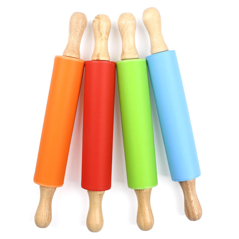 HOT Silicone non-stick rolling pin with wooden handle dough roller for kitchen