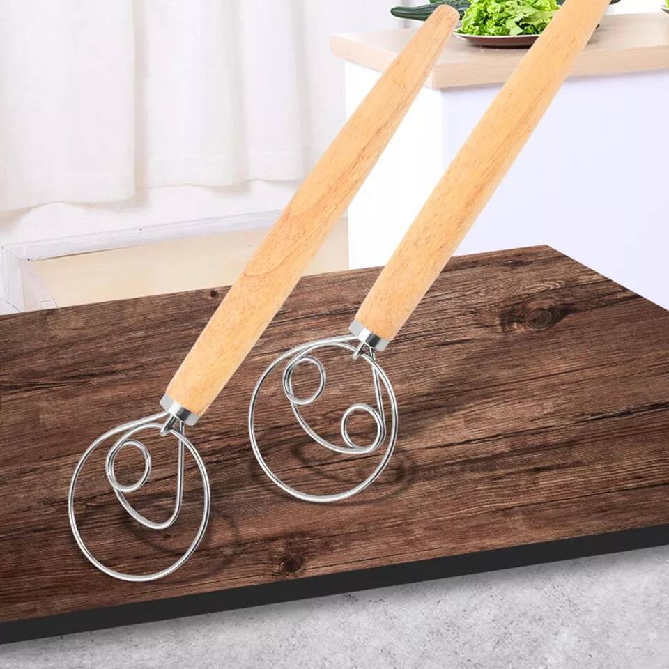 HOT Wooden handle stainless steel dutch style bread danish dough whisk factory