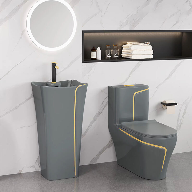 Luxury Grey Gold Bathroom Gravity Flushing WC P-trap/S-trap Colored Gray Toilet Bowl One Piece WC Toilets Gray Toilet Set