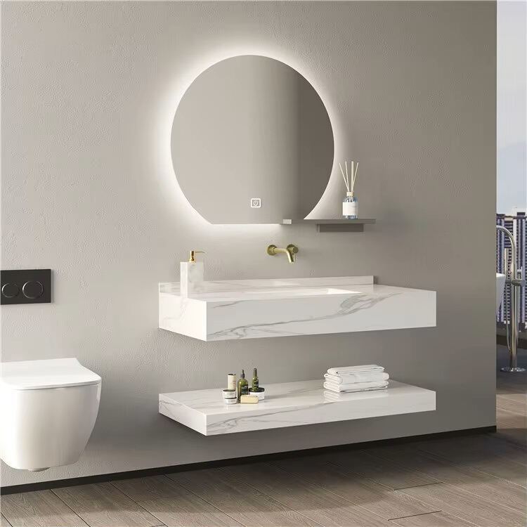 Troscán Vanity Seomra Folctha Nua-Aimseartha Abhantrach Nigh Dromchla Soladach Balla Lavabo Comh-Aireachta Folctha Marmair Crochta Vanity Doirteal le Scáthán