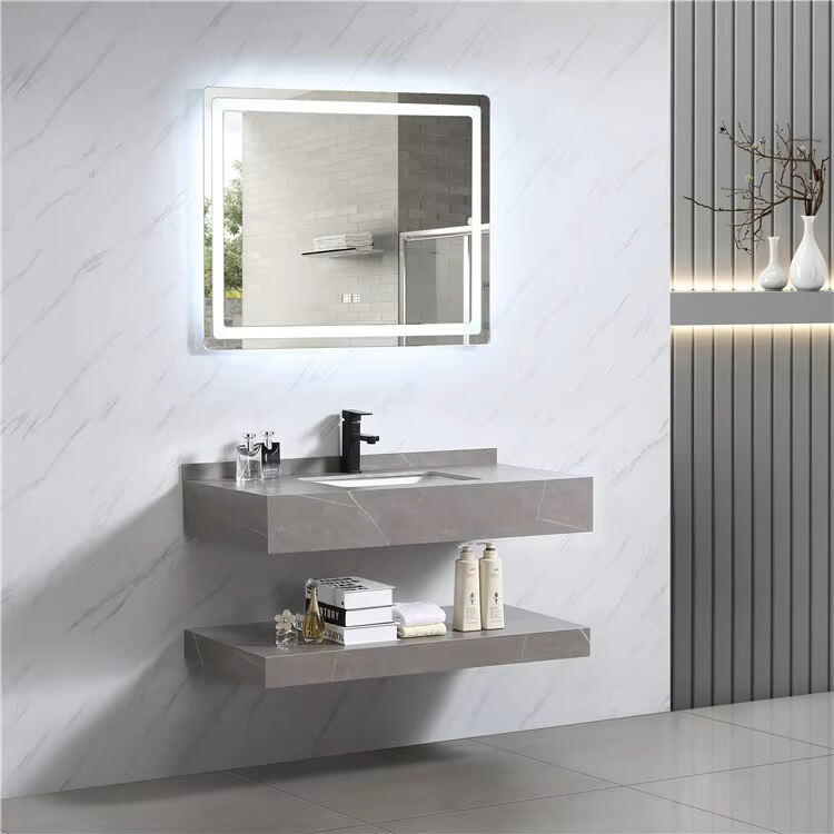 Lavabo moderno de doble capa de superficie sólida, lavabo de mármol colgado en la pared, lavabo de gabinete de mármol, lavabo de tocador de baño de piedra Artificial