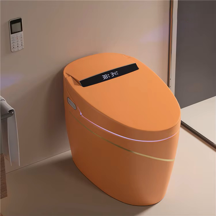 Bodenmontierte automatische Keramik-Toilettenschüssel, Badezimmer-Wasserklosett, orangefarbenes Gold, intelligente Toilette, intelligente Toilette