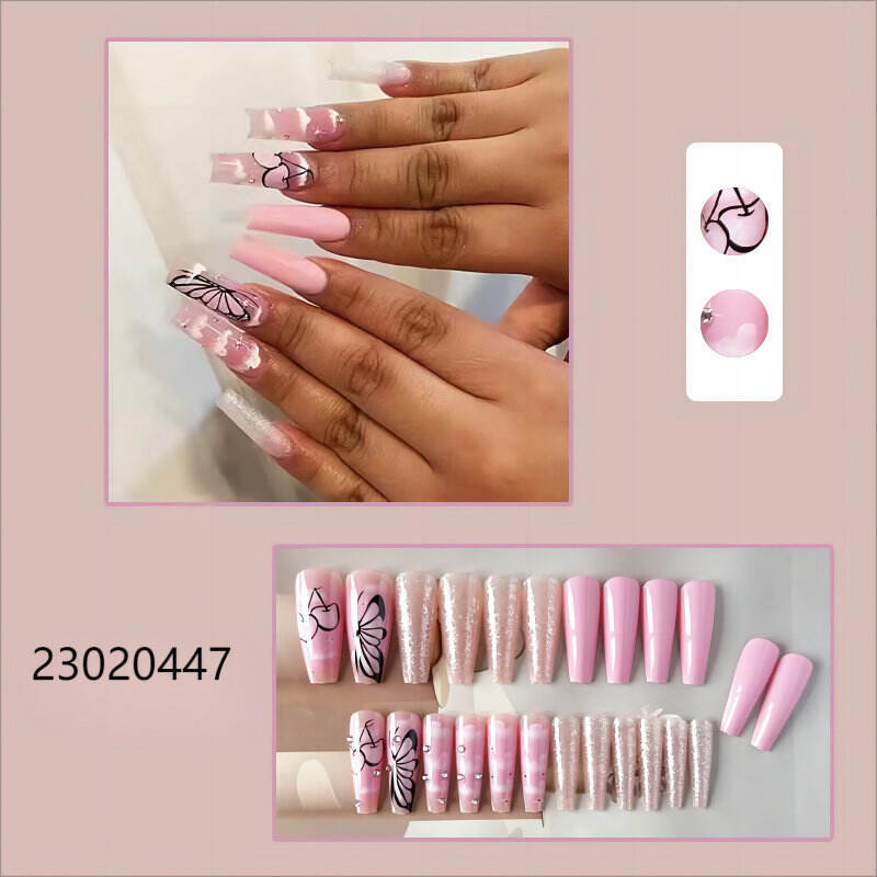 presse de machine de cercueil long de papillon blanc rose brillant sur des ongles