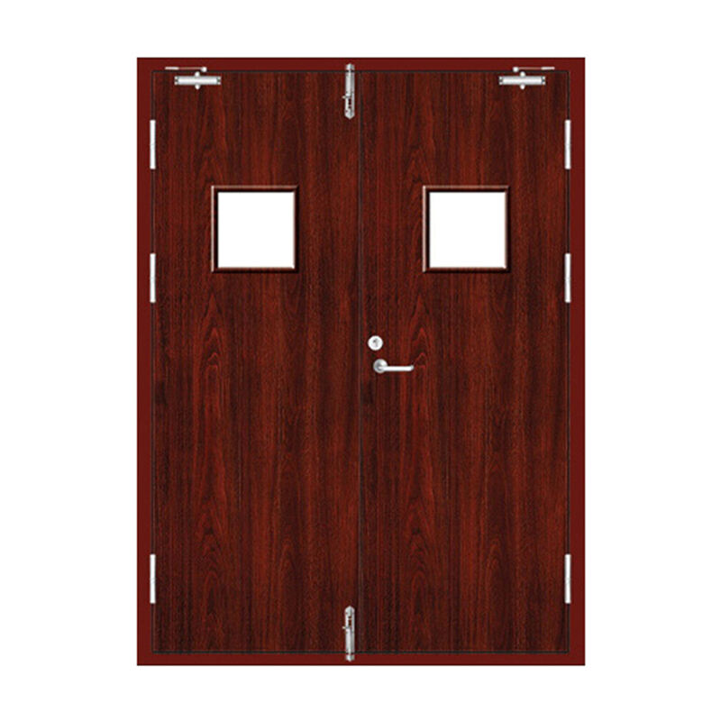 Double Steel Red Walnut Wooden Fire Door With Glass For Corridor