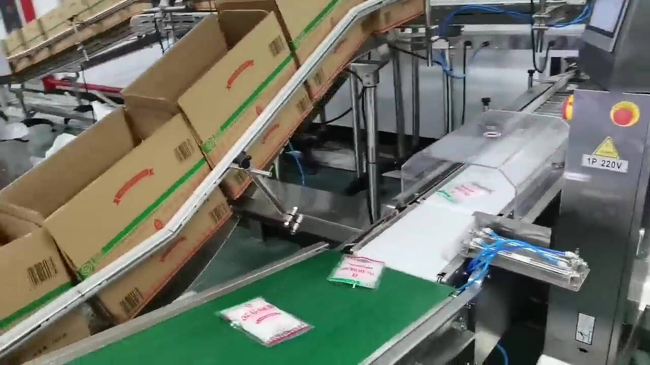 Garis Sabuk Penggerak Otomatis dengan Kontrol PLC Mengintegrasikan Mesin Timbangan Berat Detektor Logam Printer, Sistem Sabuk Penggerak Makanan Klasik Desain Higienis Integrasi Optimal, Sabuk PVC Biru Putih Hitam Pabrik Mesin Produksi, Penimbangan Pencetakan Deteksi