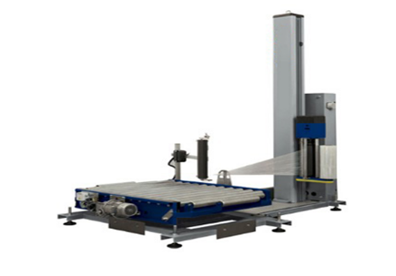 Fabricant de machines d'enroulement sur table en ligne, fournisseur de machines d'enroulement automatiques personnalisées avec convoyeurs à rouleaux et étireuse pour palettes dans les systèmes de production de canettes, équipement d'acheminement terminal pour canettes dans l'industrie alimentaire