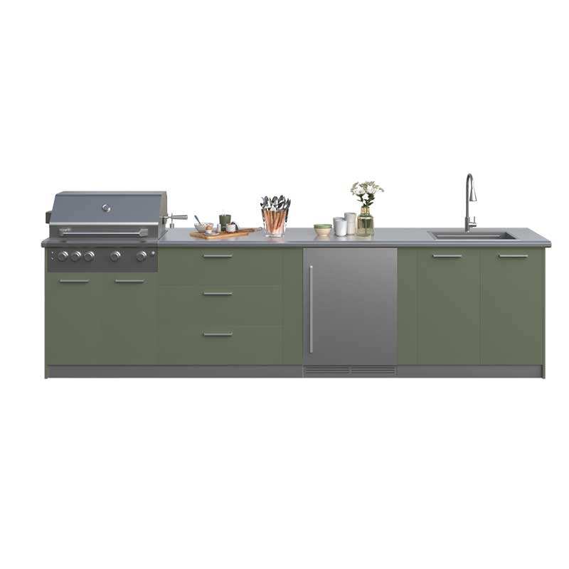 Outdoor Kitchen Stainless Steel 7 Piece Cabinet Set with Sink, Drawer, Grill Cabinet, Gas Grill, Countertop, Fridge Cabinet and Fridge