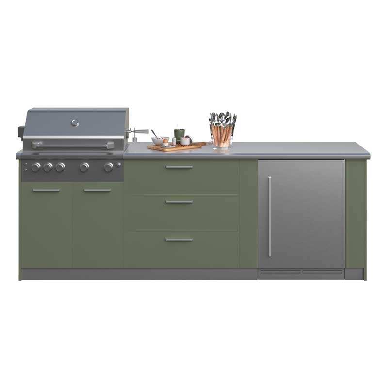 Outdoor Kitchen Stainless Steel 6 Piece Cabinet Set with Drawer, Grill Cabinet, Gas Grill, Countertop, Fridge Cabinet and Fridge