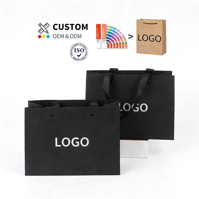 Bolsas de regalo personalizadas para perfumes de lujo, empaque negro, bolsa de papel pequeña para joyería con asas, ideal para bodas