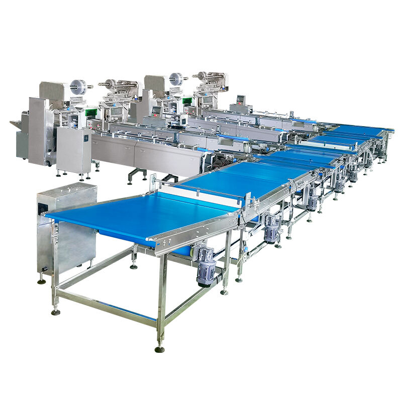 Rising and sinking automatic cookies feeding and packaging line for biscuit muffin cake bread