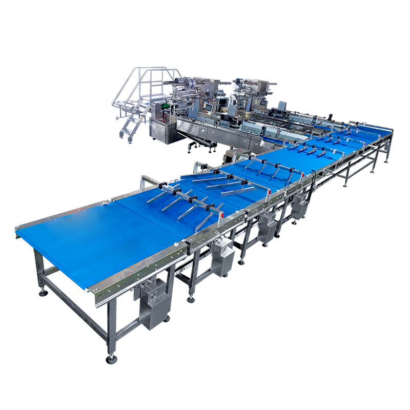 Cup cake fully automatic packaging line with feeding machine and stacker bags arranging machine for biscuit muffin snack