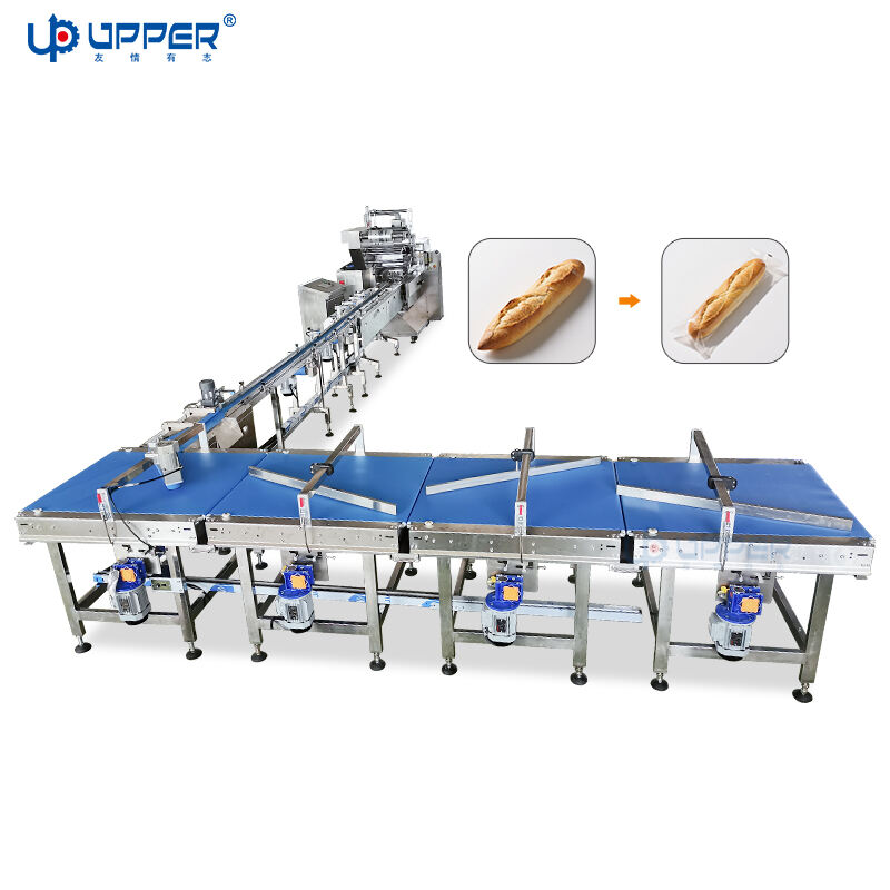 Ligne d'emballage automatique pour pain long (baguette) avec machine à emballer à flux alternatif
