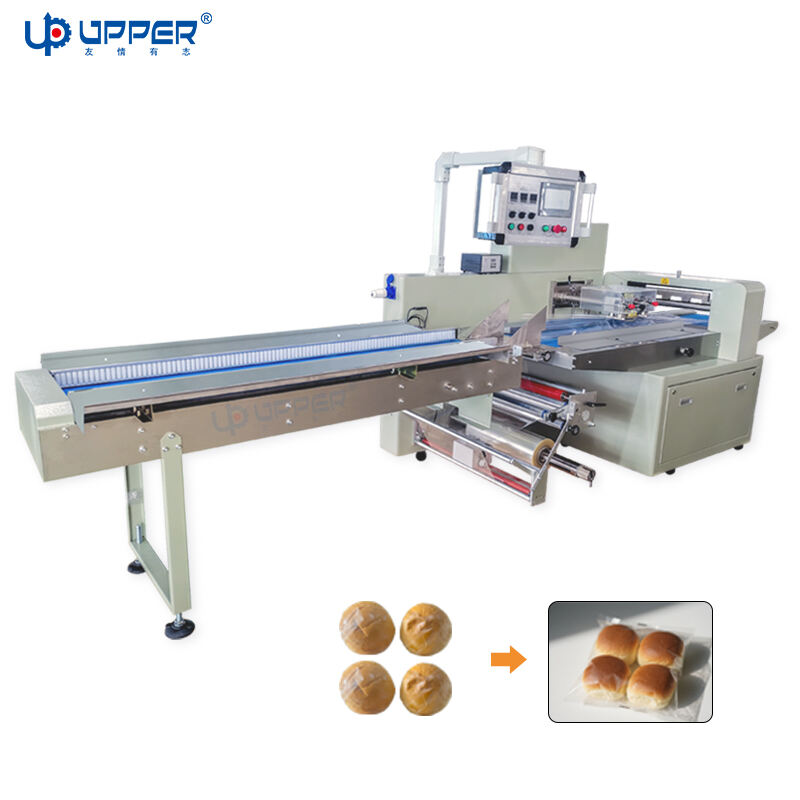 Automatic Large size flow packaging machine for hamburger bread frozen food packing with film feed from below