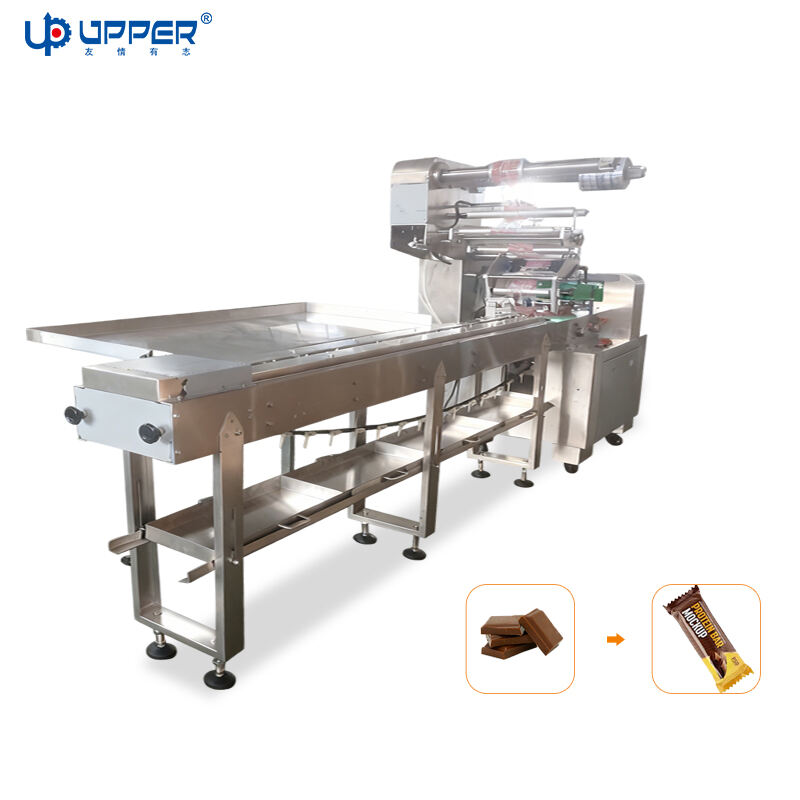 Stainless steel double film roll flow packaging machine with storage tray chocolate bar packing