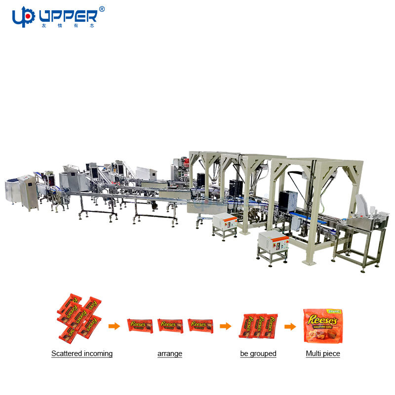 Lini pengemasan meja putar koleksi penghitungan cokelat dilengkapi dengan peralatan pemeriksaan visual dan manipulator laba-laba