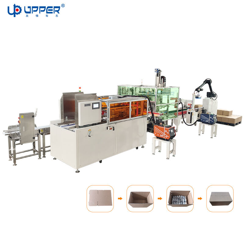 Máy kiểm tra trọng lượng tự động, đóng hộp, dán keo và xếp palet cho đồ ăn vặt đóng túi