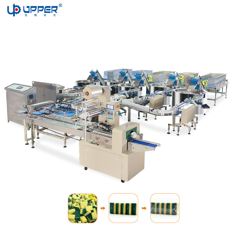 Sponsreinigingspad 1 tot 5, draaitafelvoedings-, verzamel- en verpakkingslijn, keukensponsverpakkingsmachine