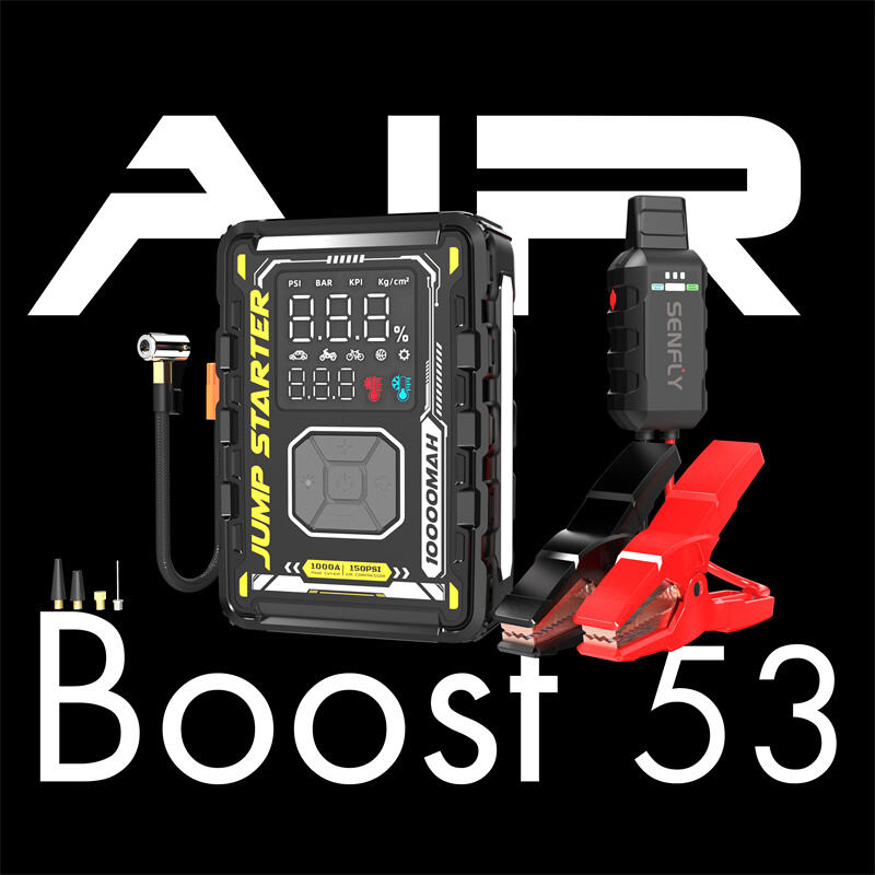 SENFLY Boost T53:  SENFLY T53 4-in-1 Car Battery Jump Starter Air Compressor 1400A 12V Portable Battery Booster Up to 7.0L Gas 4.5L Diesel 150PSI Tire Inflator with Auto Shutoff