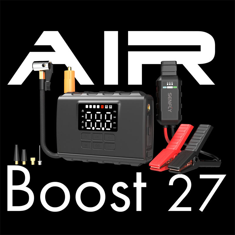 SENFLY Boost T27:  SENFLY T27 2-in-1 Jump Starter with Air Compressor, 800A 12V Portable Battery Booster (Up to 5.0L Gas/3.0L Diesel), 150PSI Tire Inflator with big screen