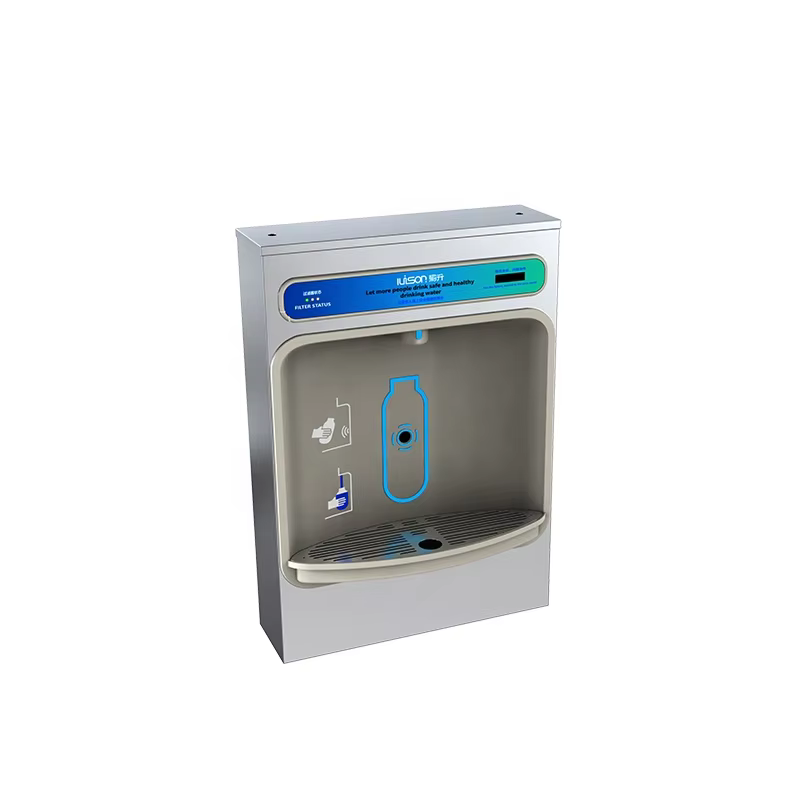 How does a wall mounted drinking fountain save space in commercial buildings?