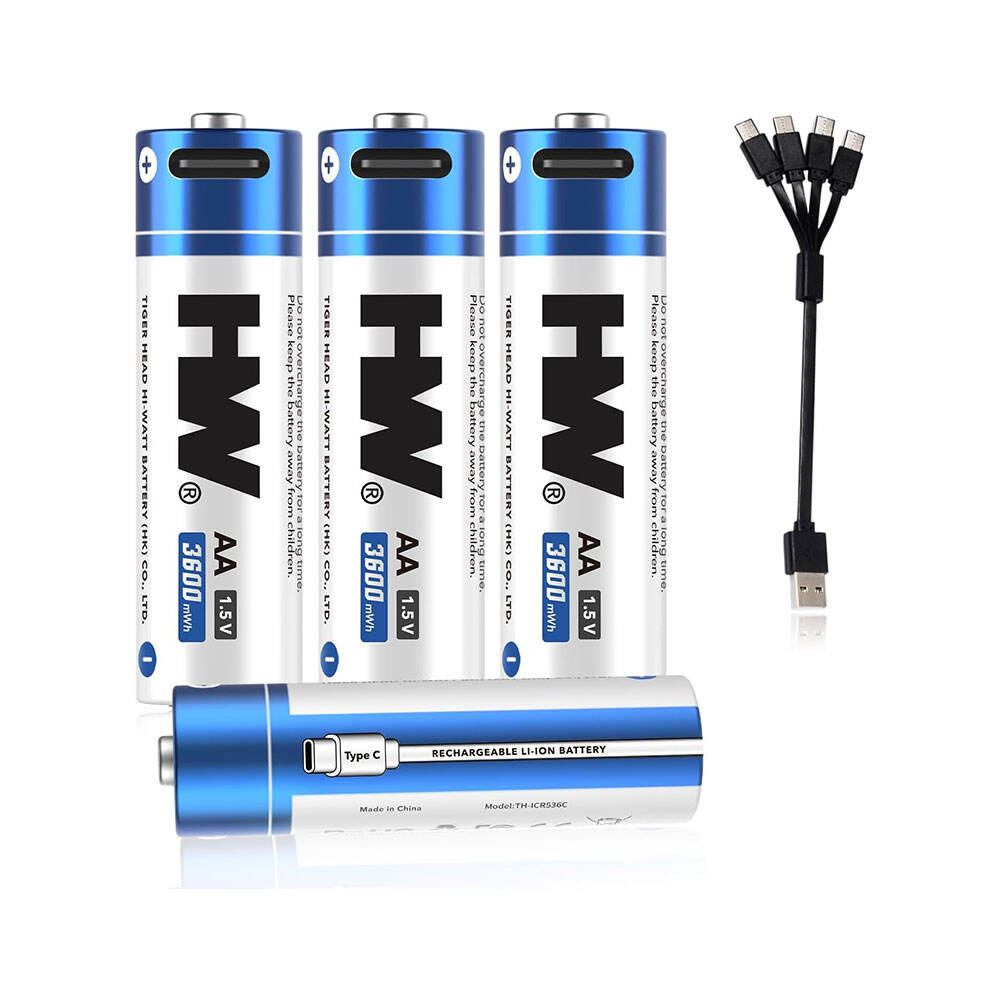 4개 팩 USB-C 재충전식 1.5V AA 리튬이온 배터리 3600mWh