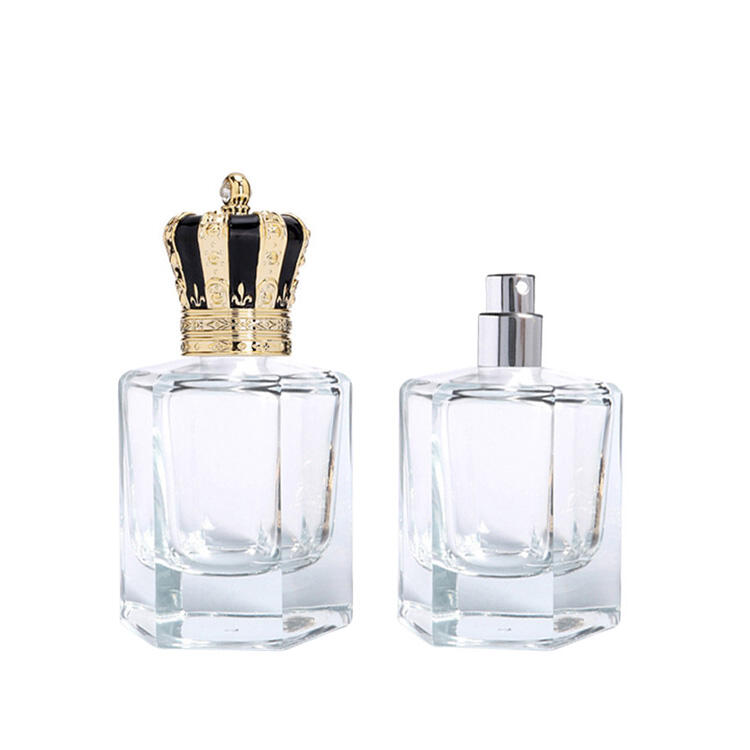 Wholesale 50ml high-end transparent hexagonal spray glass perfume bottle with crown cap