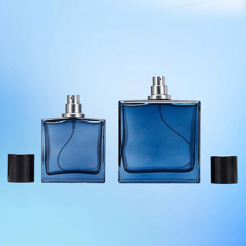 Wholesale custom 50ml 100ml high-end blue square spray glass perfume bottles