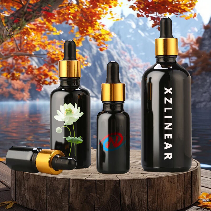 Custom 5ml 10ml 15ml 20ml 30ml 50ml 100ml black empty cosmetic glass essential oil bottle with dropper cap