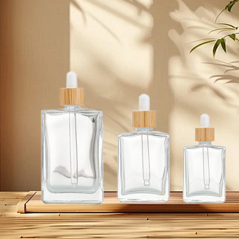 Wholesale 30ml 50ml 100ml transparent empty dropper sealed flat square glass essential oil bottle