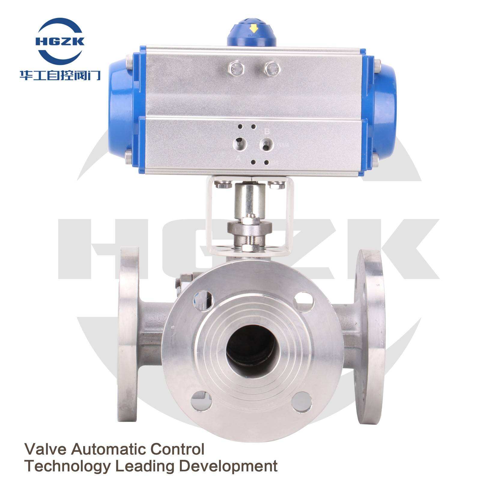 Q644/5F-16P AT pneumatic stainless steel flange three-way ball valve