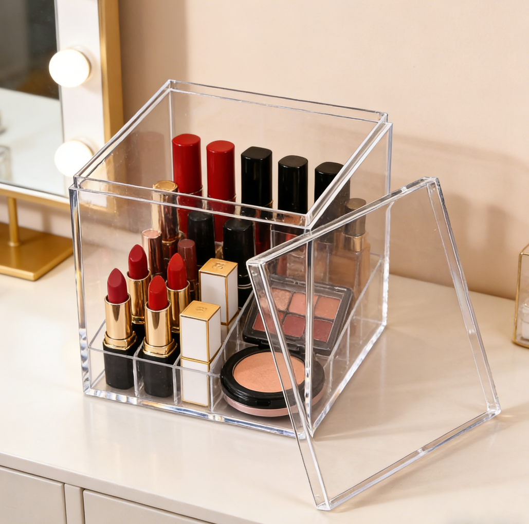 Organizer per trucchi in plastica trasparente con coperchio – Scatola per il deposito di cosmetici a prova di polvere per rossetti, ombretti e palette