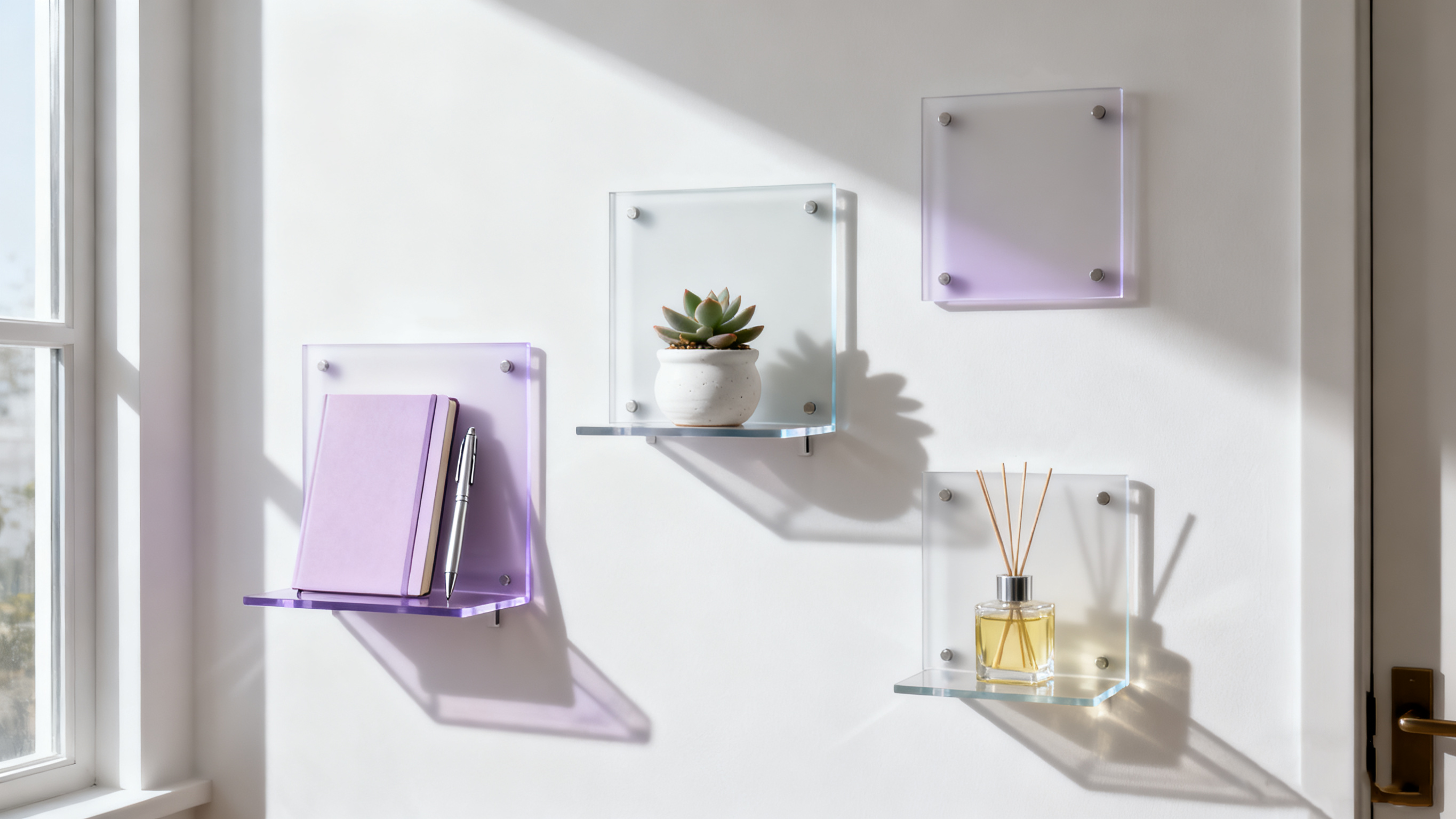 Display pintu masuk dengan dudukan display akrilik yang dipasang di dinding