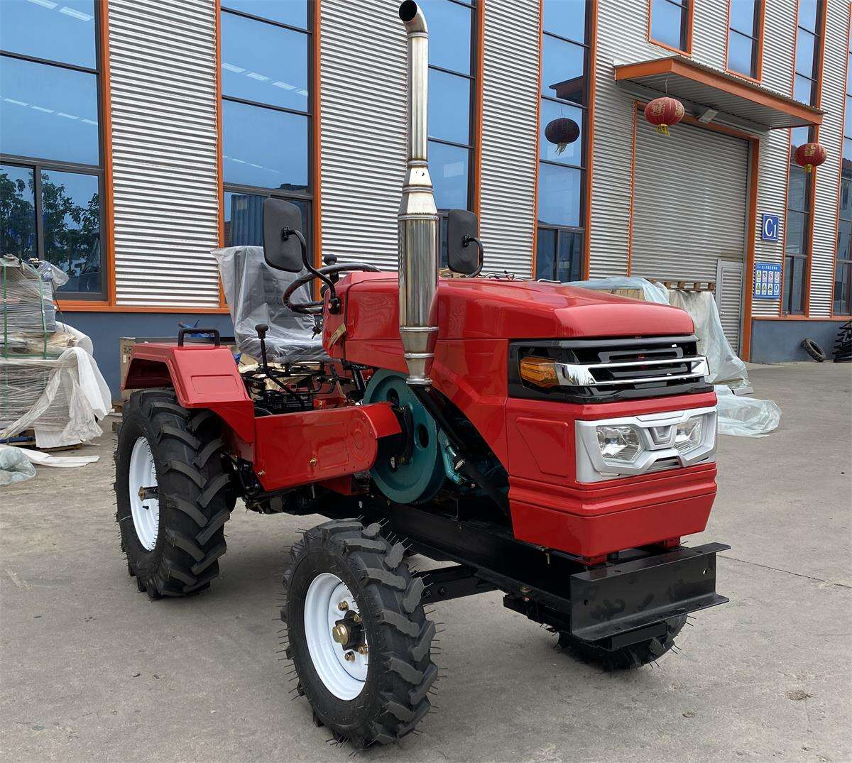 A red tractor is ready for export