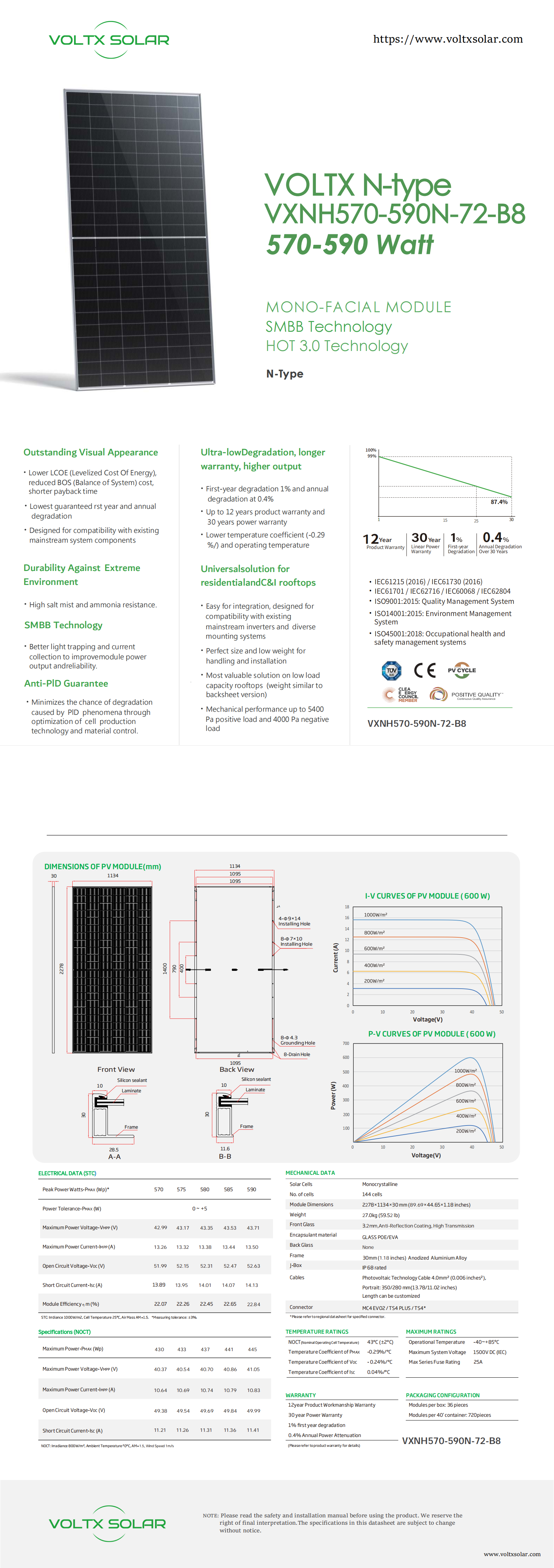 Voltx solar panelVXNH570-590N-72-B8 N-type Mono Facial Modules 570W 575W 580W 585W 590W factory