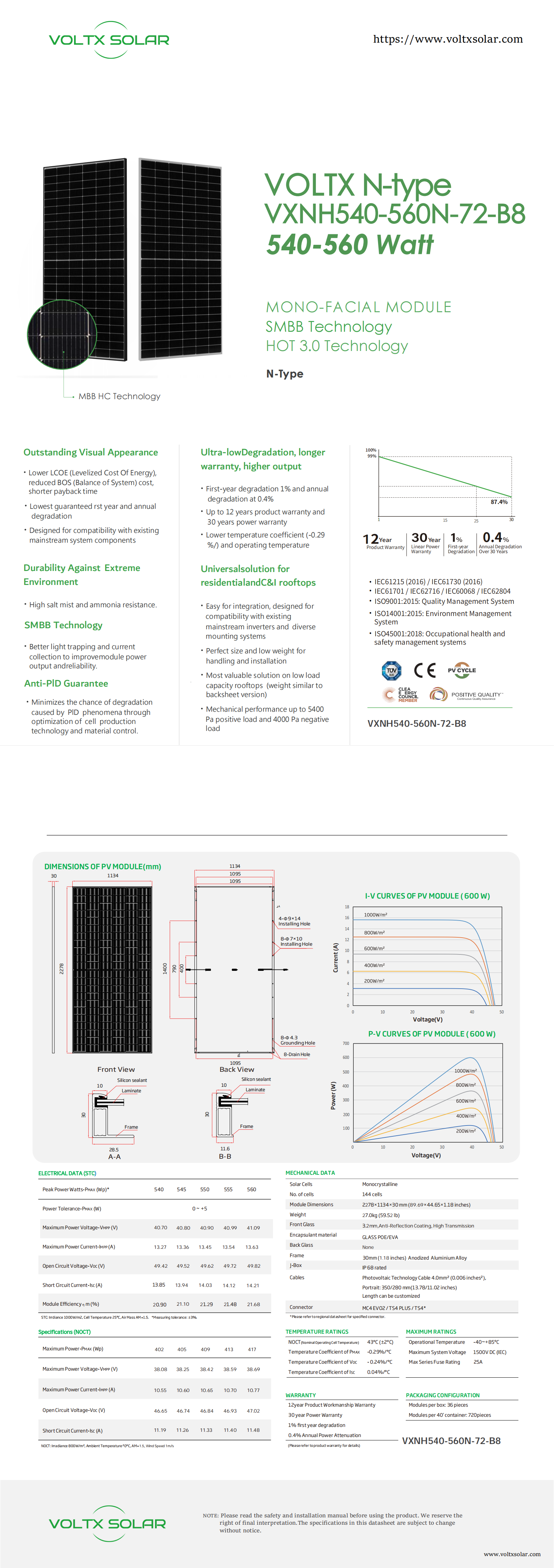 Voltx solar panel VXNH540-560N-72-B8 Mono Facial Modules 540W 545W 550W 555W 560W manufacture