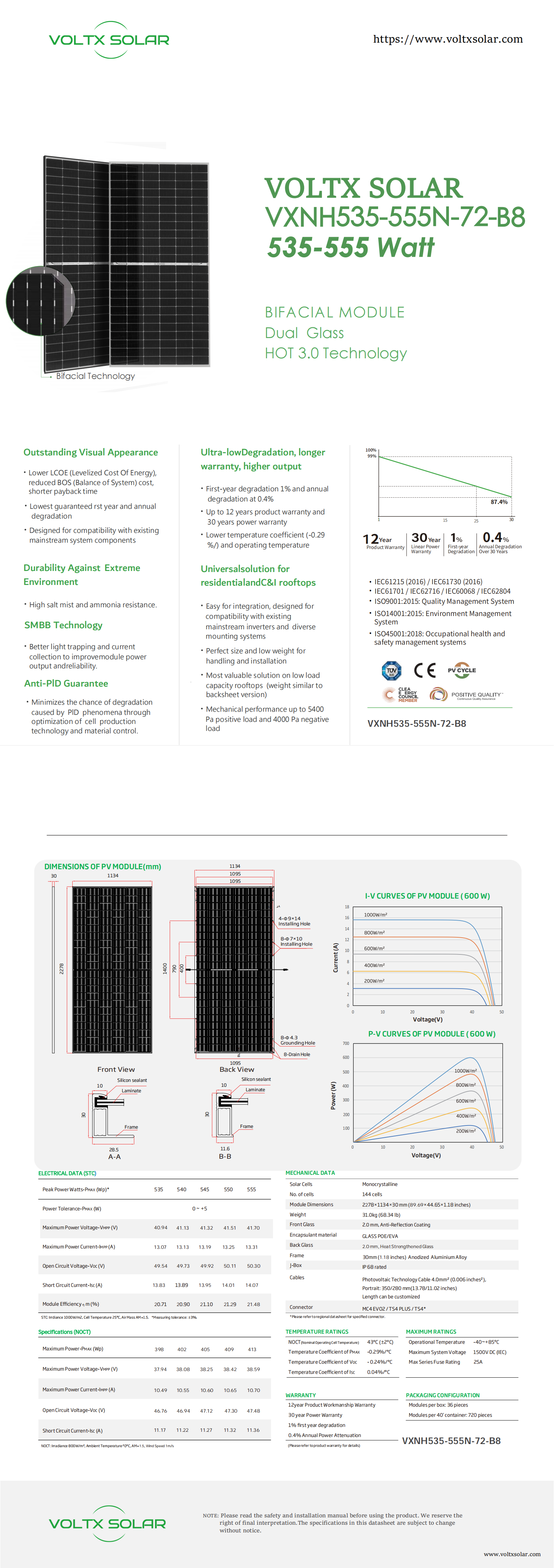Voltx solar panel VXNH535-555N-72-B8 N-type Double Glass Bifacial Modules 535W 540W 545W 550W 555W supplier