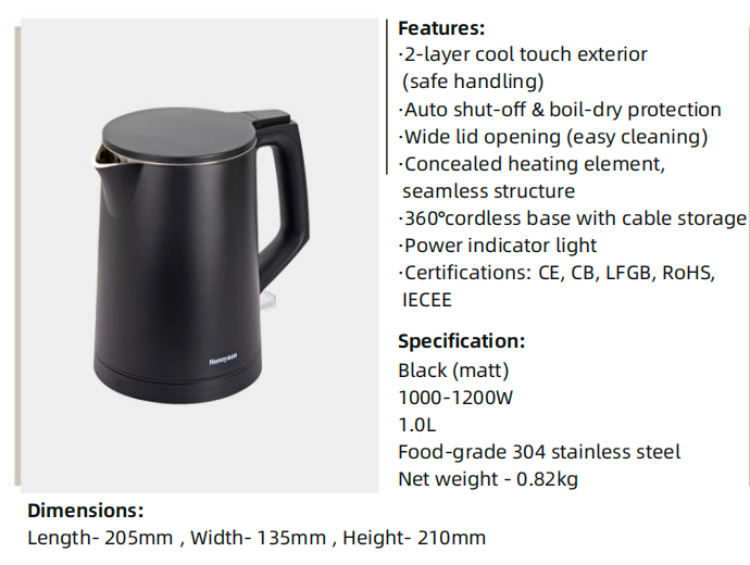 Hotel Guestroom Kettle, 1.0L Capacity, Double Body, Cool Touch Style Kettle,.  H1012, Black Kettle details