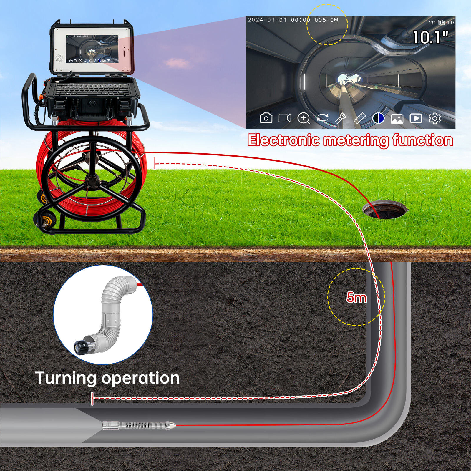 10.1inch HD1080P Screen Sewer Camera with 512Hz Sonde+Self-leveling Pipeline Plumpling Inspection WIFI &16GB DVR Video and Audio Recording  
