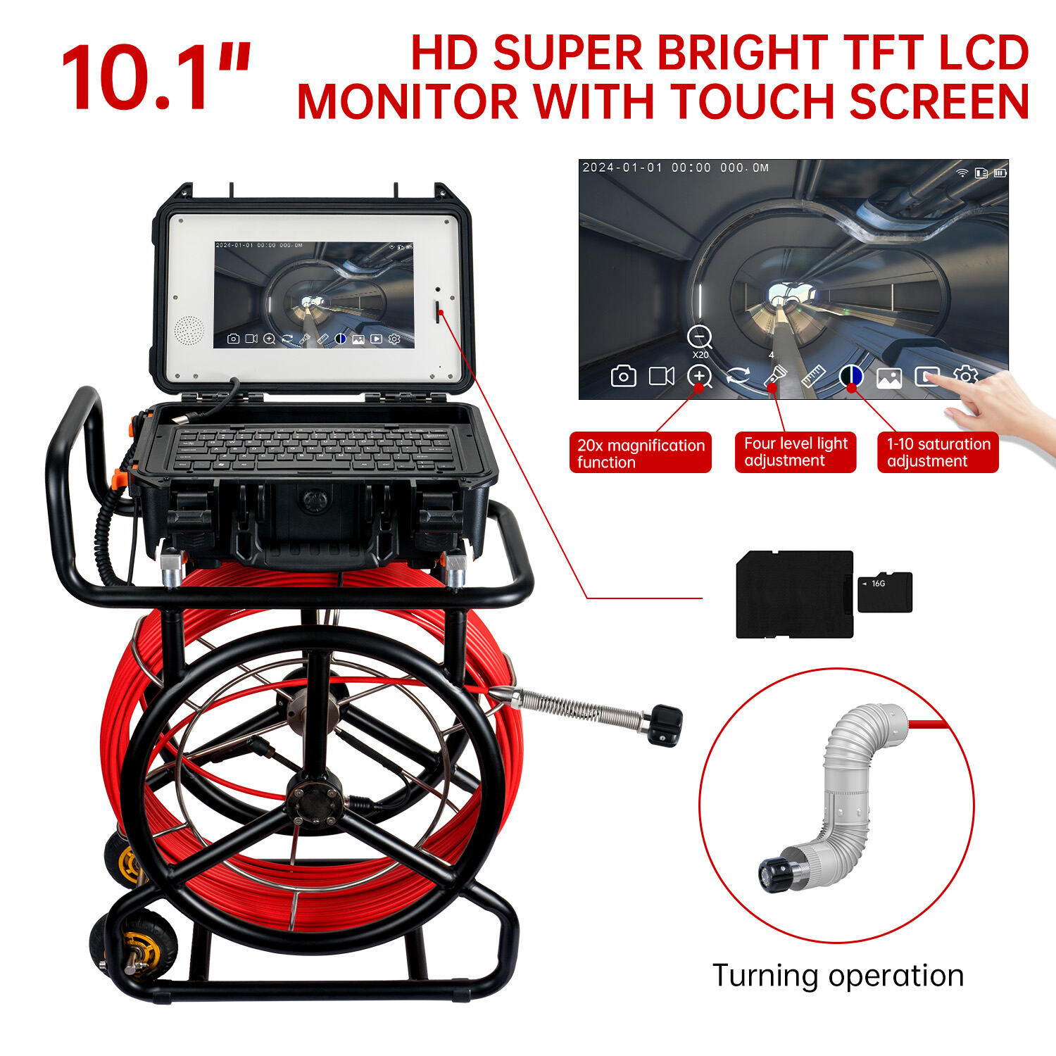 10.1inch HD1080P Screen Sewer Camera with 512Hz Sonde+Self-leveling Pipeline Plumpling Inspection WIFI &16GB DVR Video and Audio Recording  