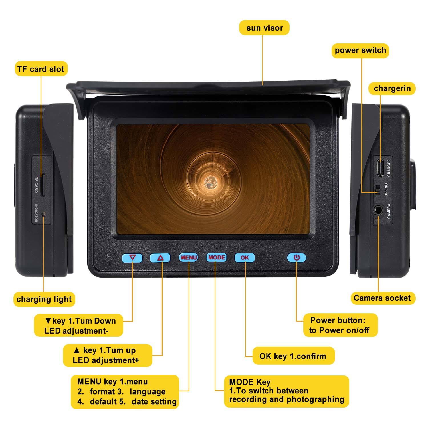 5inch HD 1080P Screen Sewer Camera with 16GB SD Card Video Recording for Drain Inspection