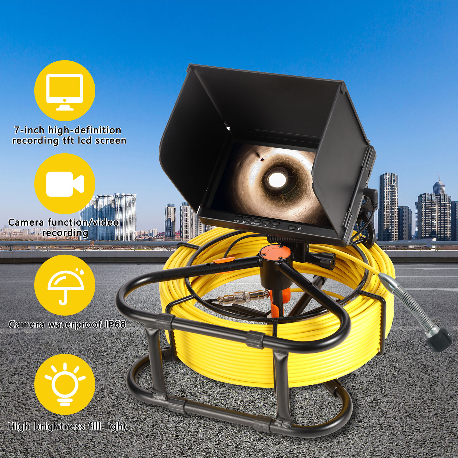 Pipe Camera 7inch HD1080P Screen&16GB Video Recording Drian Camera Inspection 23mm HD Camera head &IP68 Waterproof 