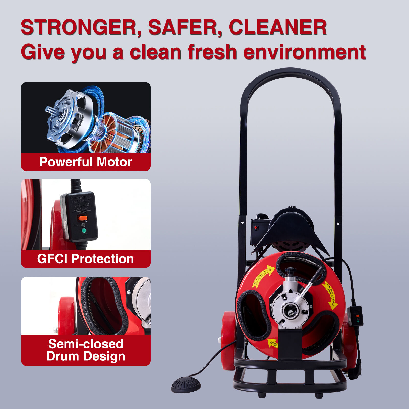 1/2 Inch Drain Cleaner Machine, Sewer Snake Auger Auto Feed with 4 Cutter & Air-activated Foot Switch for 2