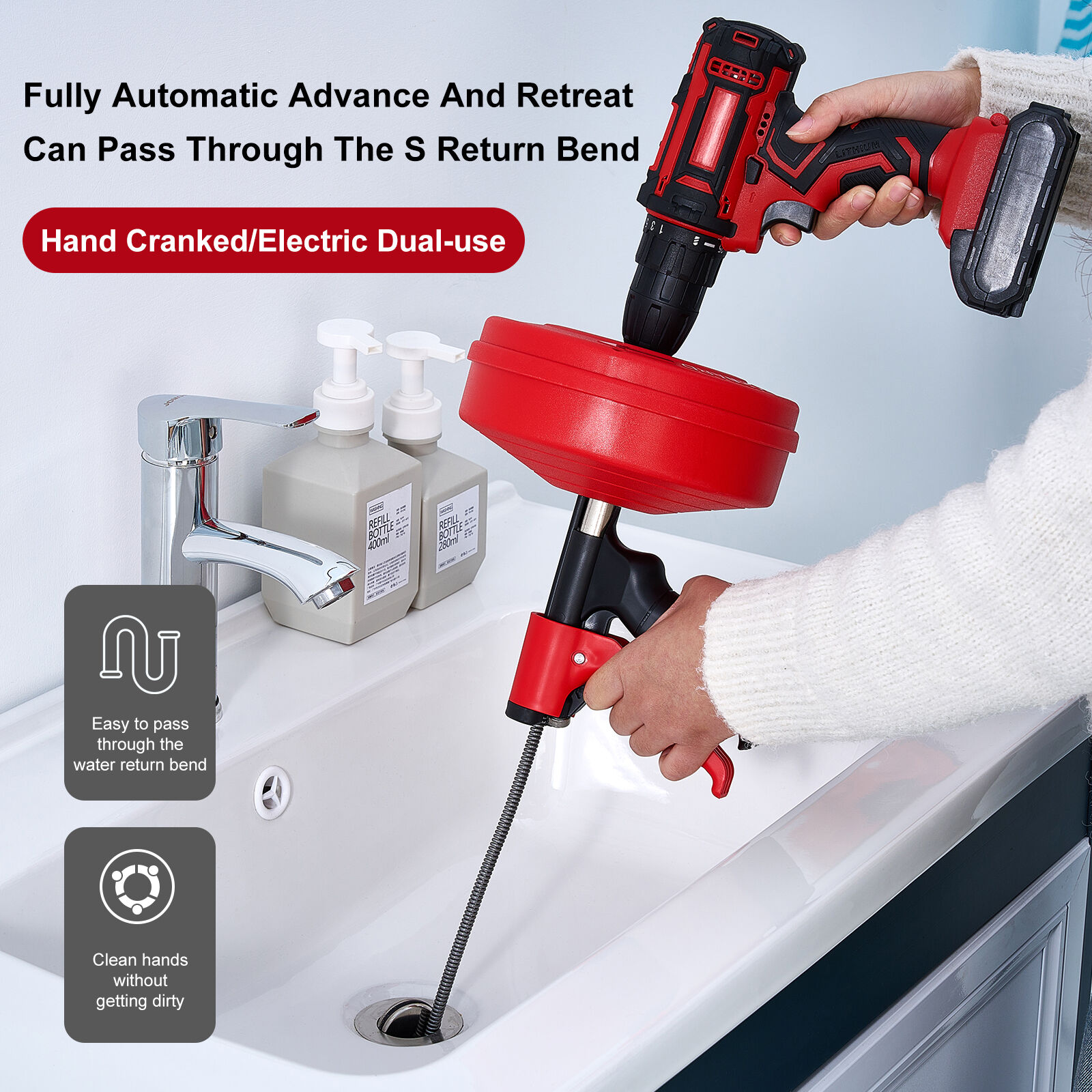 Pipe cleaning machines Heavy Duty Dual Mode (Manual/Automatic) Plumbing Auger, Clog Remover for sink and drain unblocking, Bathtub, Shower Drains - drain auger for real DYIs