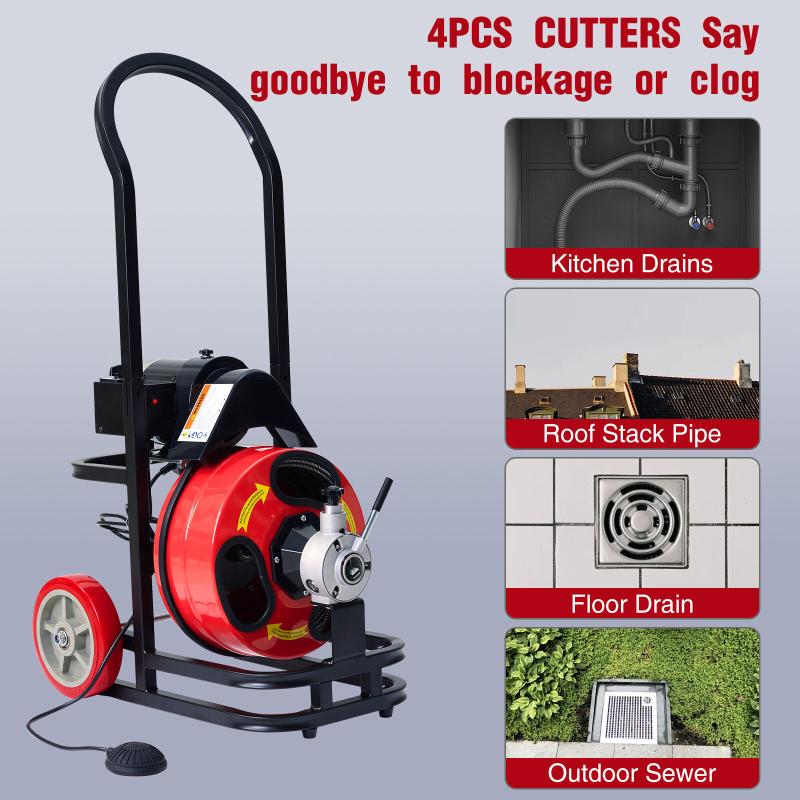 1/2 Inch Drain Cleaner Machine, Sewer Snake Auger Auto Feed with 4 Cutter & Air-activated Foot Switch for 2