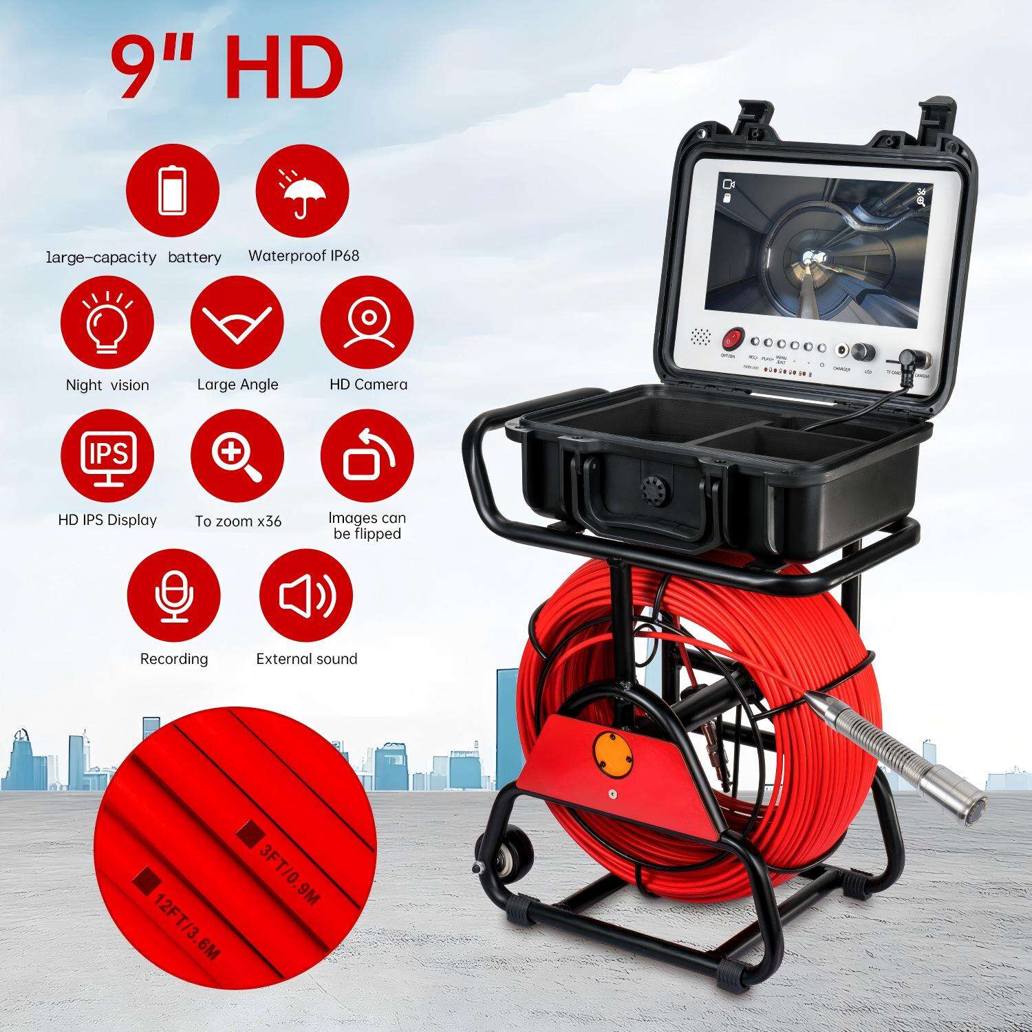 9inch HD IPS Screen Sewer Camera with 16GB SD Video&Audio Recording from Drain Camera Factory 36X Image Enlarger