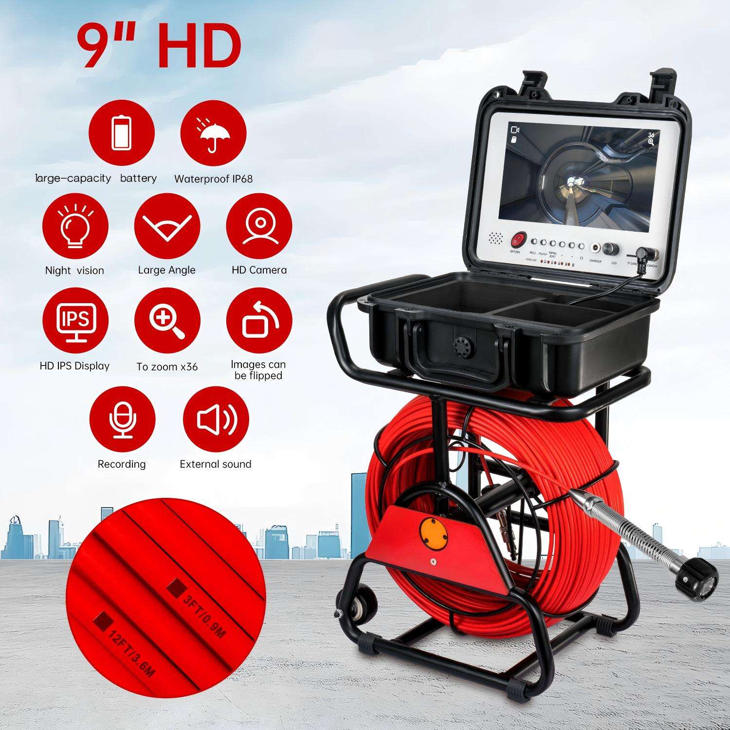 9inch Sewer Camera with 512Hz Sonde+Self-leveling function and WIFI Pipeline Plumpling Inspection